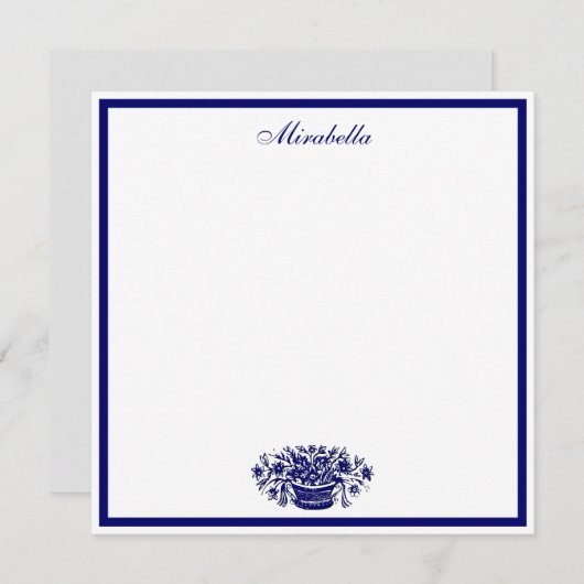 Custom Blue and White Bloral Blue Border Square Mitteilungskarte (Vorne/Hinten)