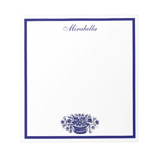 Custom Blue and White Floral Blue Border Notepad Notizblock (Vorderseite)