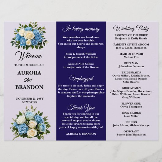 Custom Blue and White Floral Wedding Program (Vorderseite)