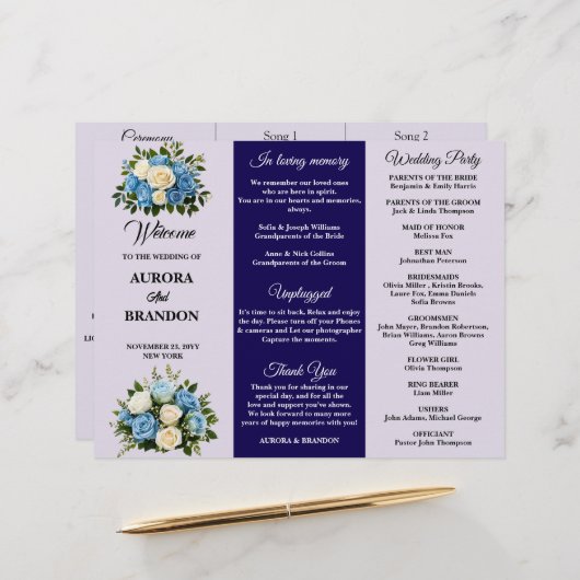 Custom Blue and White Floral Wedding Program (Vorderseite/Rückseite Beispiel)