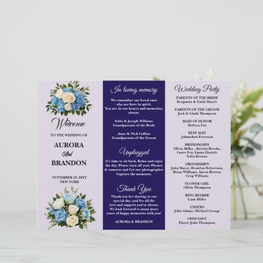 Custom Blue and White Floral Wedding Program (Stehend Vorderseite)