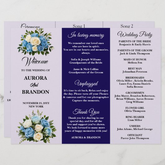 Custom Blue and White Floral Wedding Program (Vorne/Hinten)