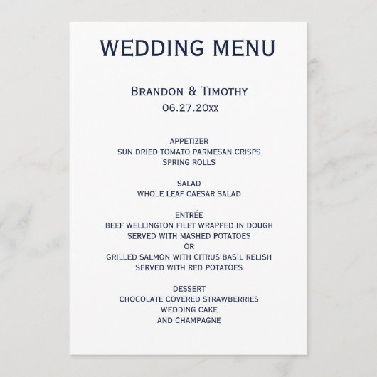 Custom Blue and White Gay Wedding Menü Menükarte (Vorderseite)