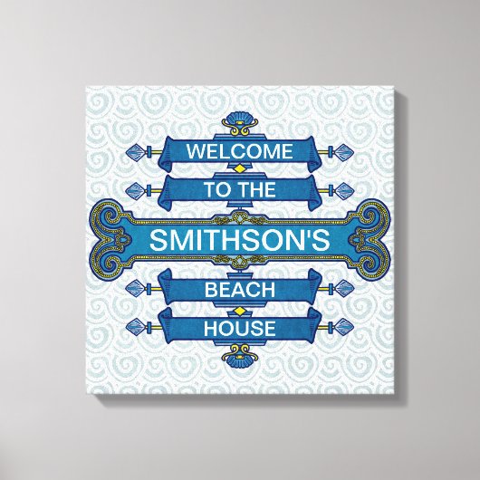 Custom Blue Beach House-Schild mit Scallop-Wirbel Leinwanddruck (Vorderseite)