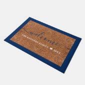 Custom Blue Begrüßungsfamilie Name Rustikale Coir Fußmatte (Schrägansicht)