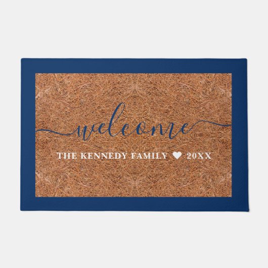Custom Blue Begrüßungsfamilie Name Rustikale Coir Fußmatte (Vorderseite)