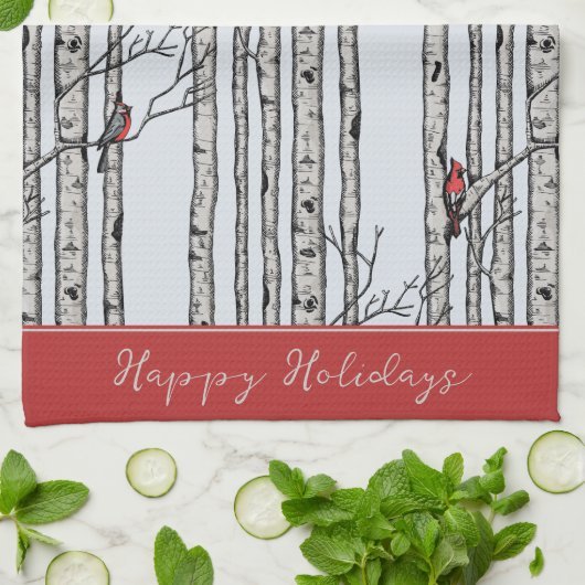 Custom Blue Birch Trees and Red Kardinal Birds Geschirrtuch (Gefaltet)