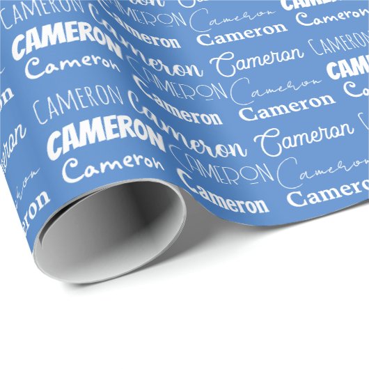 Custom Blue Birthday Boys Name Collage Geschenkpapier (Rolleneckpunkt)