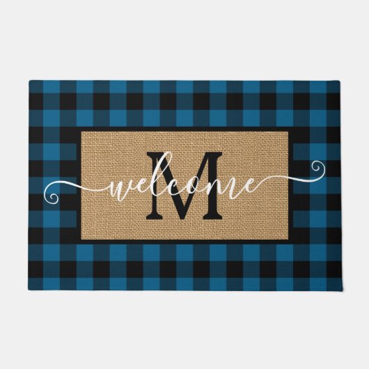 Custom Blue Black Buffalo Karo Tartan Muster Fußmatte (Vorderseite)