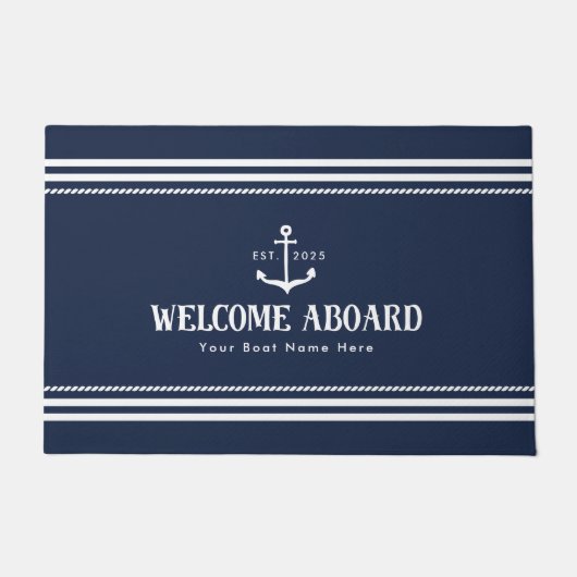 Custom Blue Boat Name Nautical Welcome Aboard Fußmatte (Vorderseite)