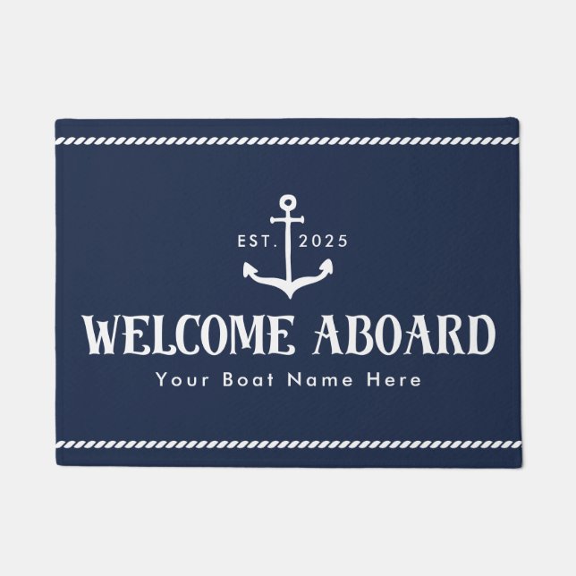 Custom Blue Boat Name Welcome Aboard Nautical Fußmatte (Vorderseite)