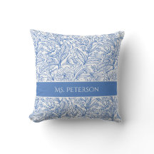 Custom Blue Botanic Floral Throw Pillow