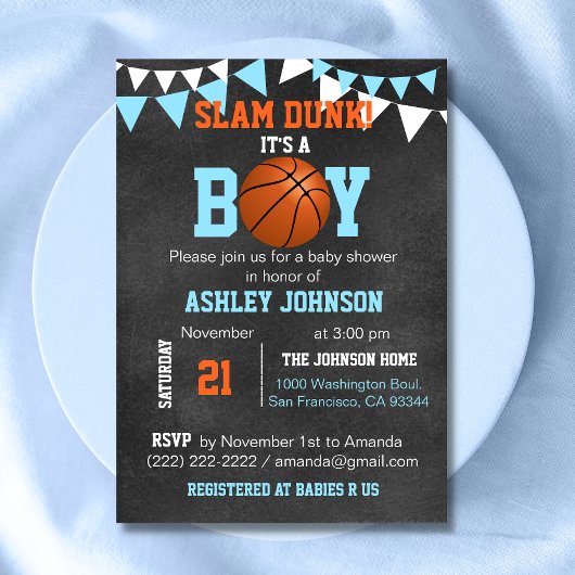 Custom Blue Boy Basketball Baby Shower Einladungen