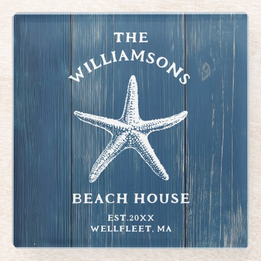 Custom Blue Coastal Starfish Beach House Glasuntersetzer (Vorderseite)