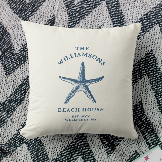 Custom Blue Coastal Starfish Beach House Kissen (A white decorative pillow features a blue starfish design with text "The Williamsons Beach House")
