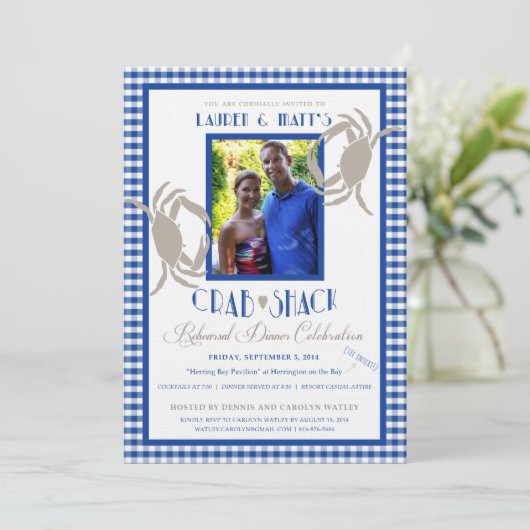 Custom Blue Crab Shack Probe Dinner Einladung (Stehend Vorderseite)