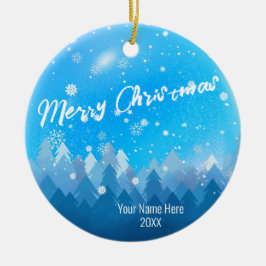 Custom Blue Crystal Snow & Forest Frohe Weihnachte Keramik Ornament