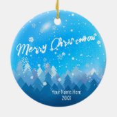 Custom Blue Crystal Snow & Forest Frohe Weihnachte Keramik Ornament (Hinten)