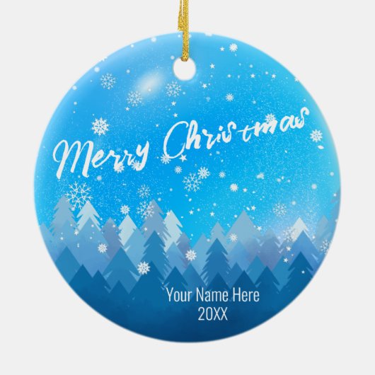 Custom Blue Crystal Snow & Forest Frohe Weihnachte Keramik Ornament (Hinten)