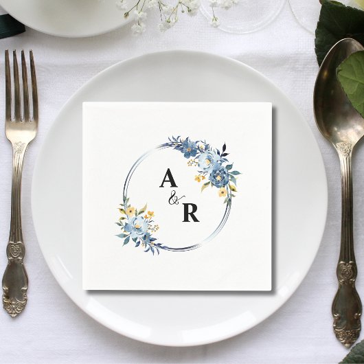 Custom Blue Floral Botanical Monogram Wedding Serviette