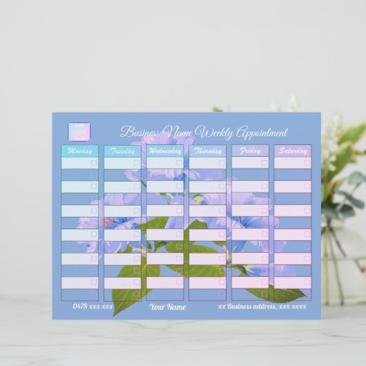 Custom Blue Floral Business Weekly Termin Briefbogen (Stehend Vorderseite)