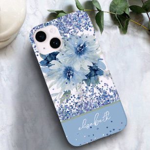 Custom Blue Floral Glitzer Personalisiert Name Case-Mate iPhone 14 Hülle