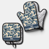 Custom Blue Floral Gold Glitzer Japanisch Ukiyo-e Ofenhandschuh & Topflappen-Set (Vorderseite/Rückseite)