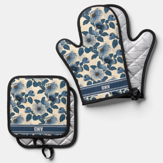 Custom Blue Floral Gold Glitzer Japanisch Ukiyo-e Ofenhandschuh & Topflappen-Set (Vorderseite/Rückseite)