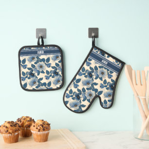 Custom Blue Floral Gold Glitzer Japanisch Ukiyo-e Ofenhandschuh & Topflappen-Set