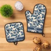 Custom Blue Floral Gold Glitzer Japanisch Ukiyo-e Ofenhandschuh & Topflappen-Set (Oben Unten)