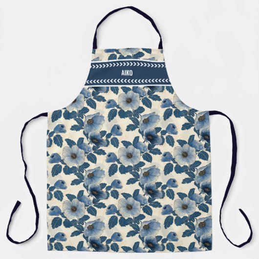 Custom Blue Floral Gold Glitzer Japanisch Ukiyo-e Schürze (Vorderseite)