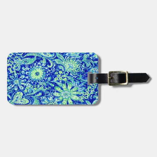 Custom Blue Floral Luggage Tag Gepäckanhänger (Vorderseite horizontal)