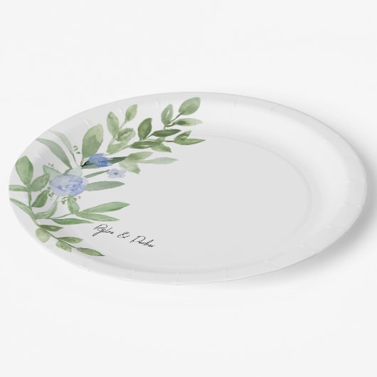 Custom Blue Floral Polterabend Plate Pappteller (Schrägansicht)