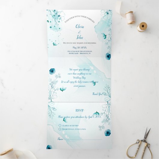 Custom Blue Floral Watercolor Einladung Hochzeit (Innenseite)