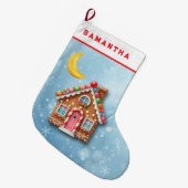 Custom Blue Gingerbread House Christmas Stocking Großer Weihnachtsstrumpf (Vorderansicht (hängend))