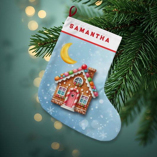 Custom Blue Gingerbread House Christmas Stocking Großer Weihnachtsstrumpf