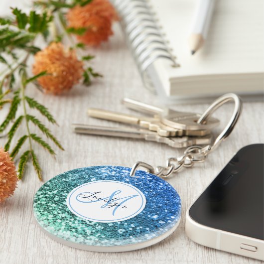 Custom Blue Glitzer Mermaid Mit Monogramm Name Schlüsselanhänger (Vorderseite rechts)
