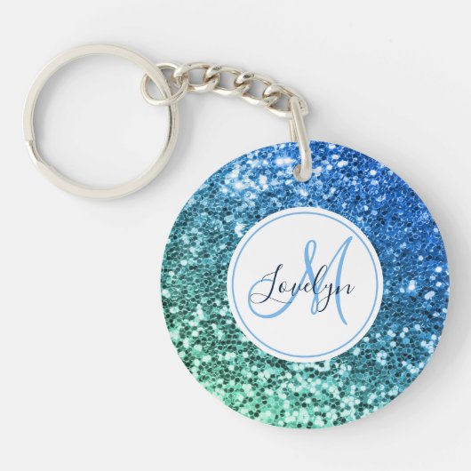 Custom Blue Glitzer Mermaid Mit Monogramm Name Schlüsselanhänger (Vorderseite)