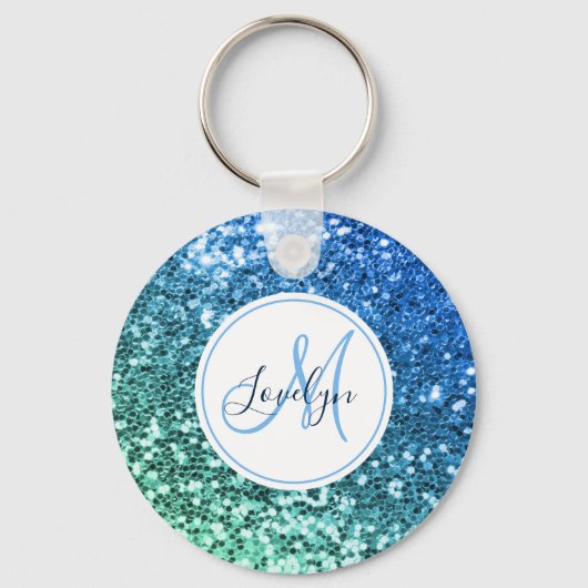 Custom Blue Glitzer Mermaid Mit Monogramm Name Schlüsselanhänger (Vorderseite)