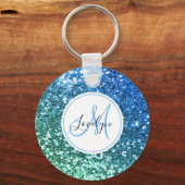 Custom Blue Glitzer Mermaid Mit Monogramm Name Schlüsselanhänger (Vorderseite)