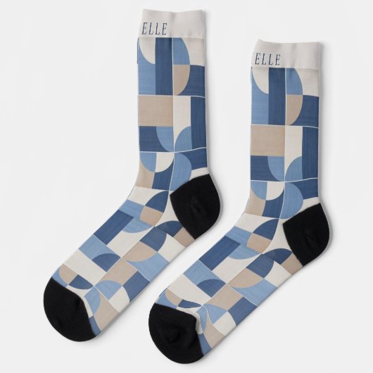 Custom Blue Gray Tan Beige Geometric Muster Socken (Linkes Detail)