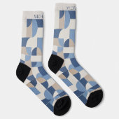 Custom Blue Gray Tan Beige Geometric Muster Socken (Rechts)