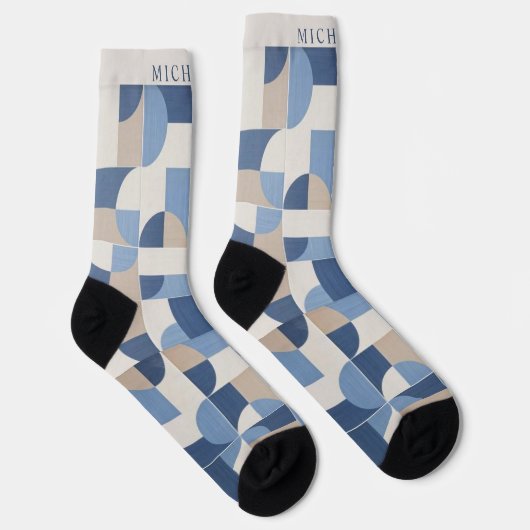 Custom Blue Gray Tan Beige Geometric Muster Socken (Rechts)