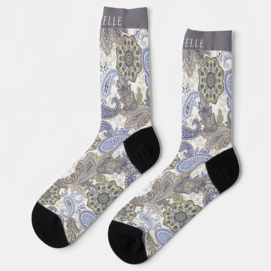 Custom Blue Grey White Paisley Muster Socken (Linkes Detail)