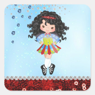 Custom Blue Irish Dance Dark Hair Girl Kristall Quadratischer Aufkleber