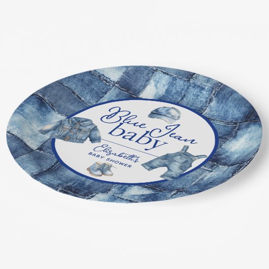 Custom Blue Jean Baby Denim Themed Baby Dusche Pappteller (Schrägansicht)