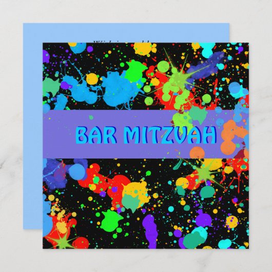 Custom, Blue, Lila Paint Spritzer, Bar Mitzvah Einladung (Vorne/Hinten)