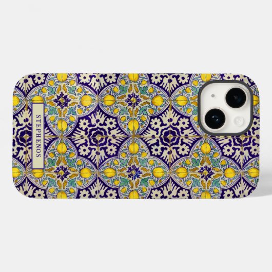 Custom Blue Mediterranean Muster Gelbe Blüten Case-Mate iPhone Hülle (Rückseite (Horizontal))