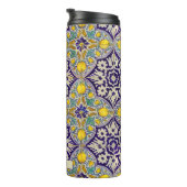 Custom Blue Mediterranean Muster Gelbe Blüten Thermosbecher (Nach rechts gedreht)