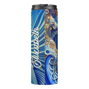 Custom Blue mit Gold Abstrakt Ocean Waves Artwork Thermosbecher